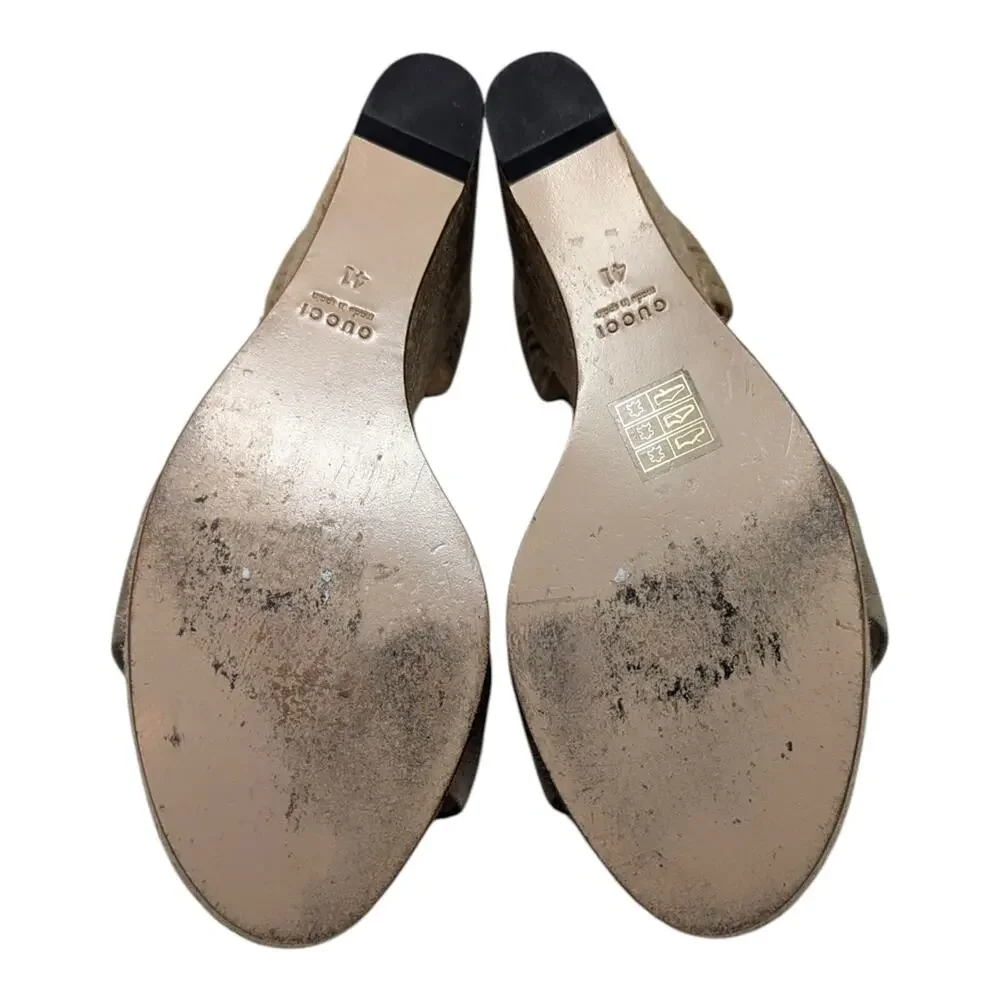 Gucci Horsebit Wedge Espadrille Platform Sandal Neutral Suede Raffia 41 | 10.5